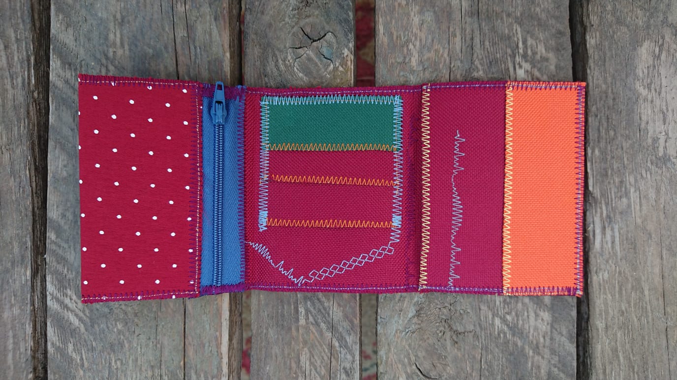 A one-of-a-kind wallet called "Dot E Yeah" is made by Highsew. It is made of recycled fabric combined with new, strong fabric. Inside of the wallet view.