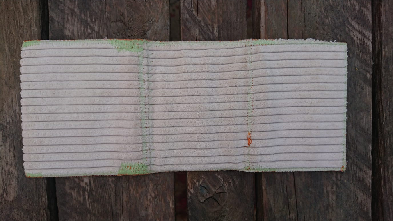 A one-of-a-kind wallet called "Fluffy" is made by Highsew. It is made of recycled sofa cover fabric combined with new, strong fabric. Outside view.