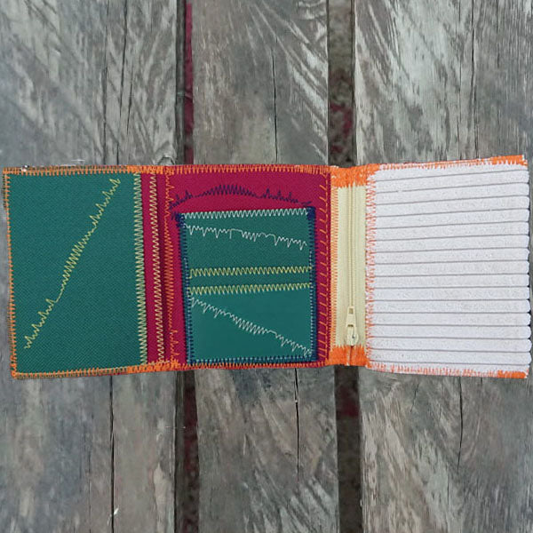 A one-of-a-kind wallet called "Fluffy" is made by Highsew. It is made of recycled sofa cover fabric combined with new, strong fabric. Inside view.