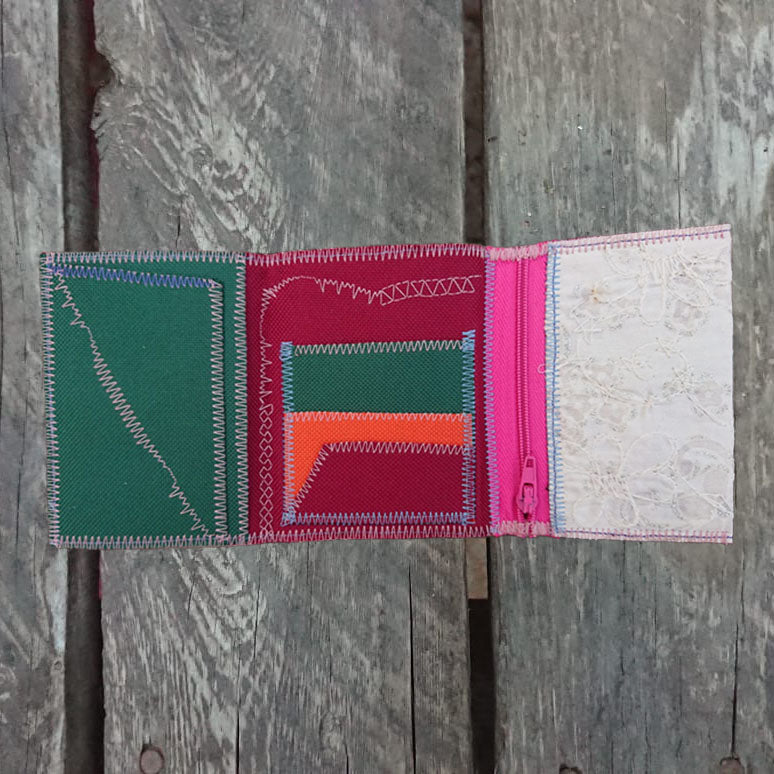 A one-of-a-kind wallet called "On The Map" is made by Highsew. It is made of recycled fabric combined with new, strong fabric. the wallet is open and you see the inside