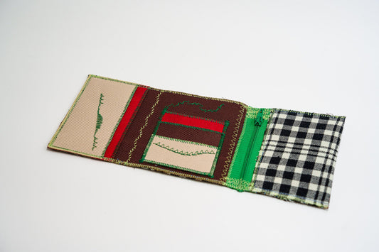 Open wallet interior with brown and sand-beige card slots, red panel, green zigzag stitching and a green zip — HighSew