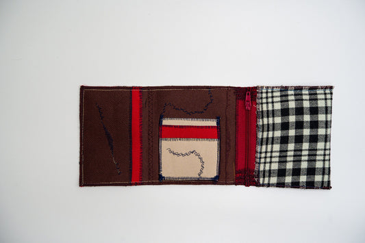 Open wallet interior with warm brown and sand card slots, navy zigzag stitching and a burgundy zip — HighSew