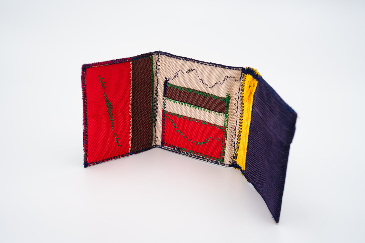 Open corduroy wallet interior in warm sand Cordura with red and brown card slots and yellow zip — HighSew