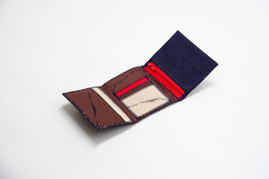 Open corduroy wallet interior in warm brown Cordura with red and sand card slots and red zip — HighSew