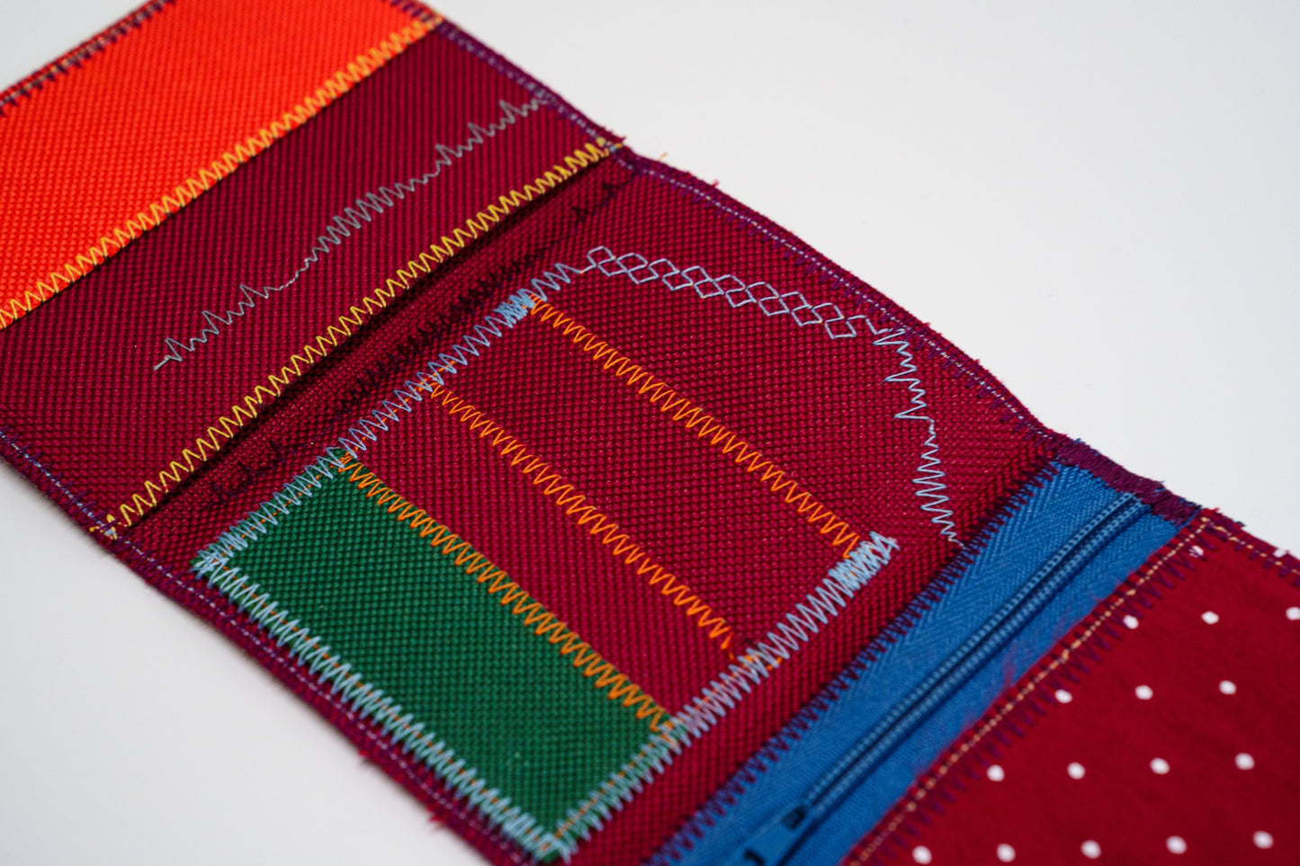 Close-up of orange and blue signature zigzag stitching — HighSew
