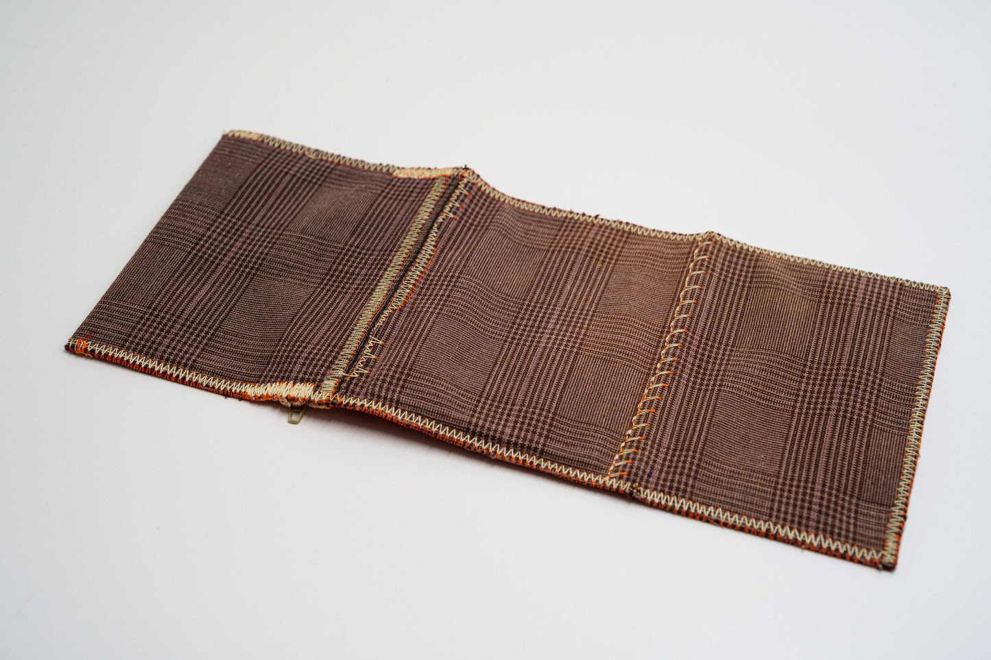 Brown glen-plaid exterior of one-of-a-kind upcycled wallet — HighSew