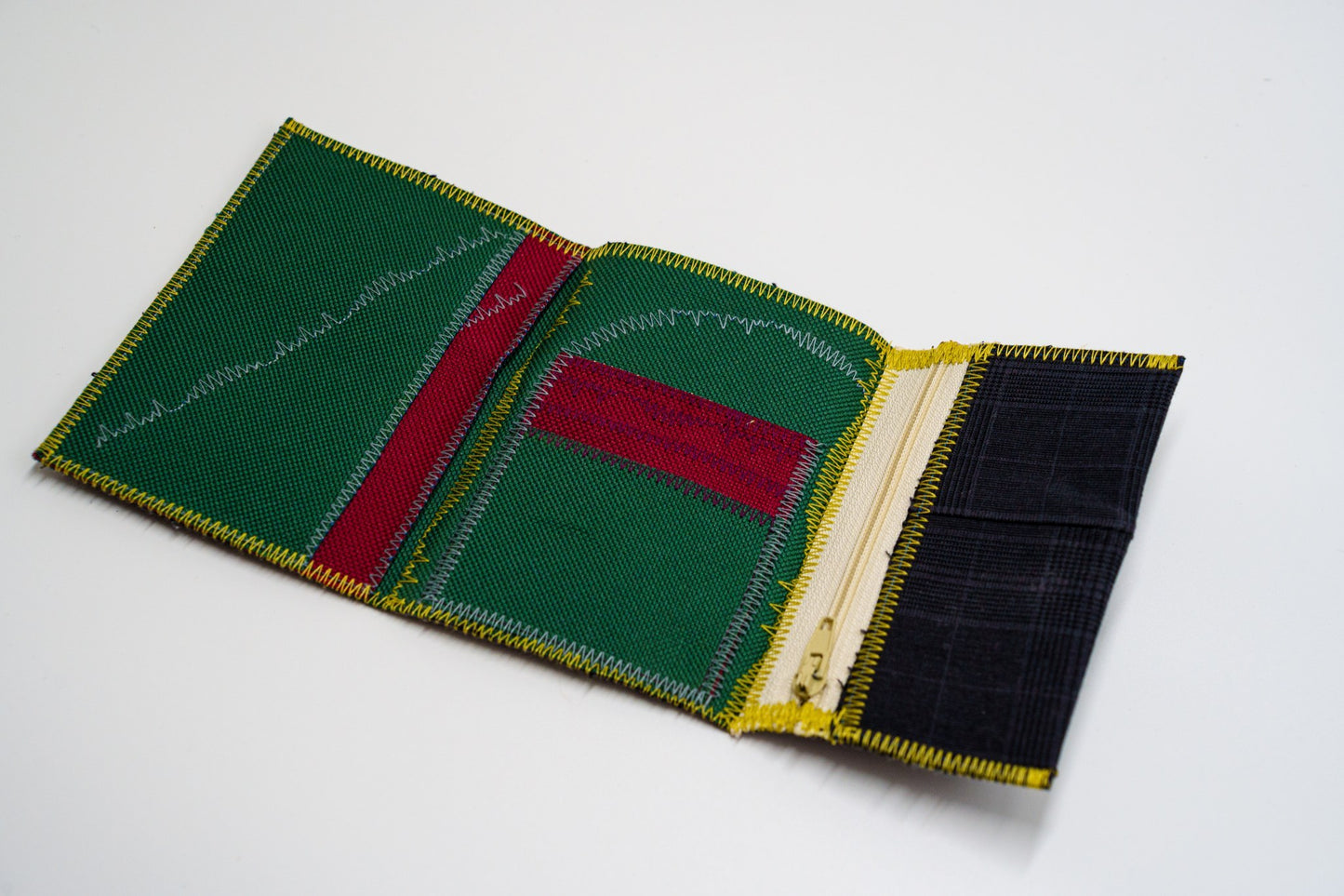 Open wallet interior in green with red panel, colored stitching and cream zip — HighSew