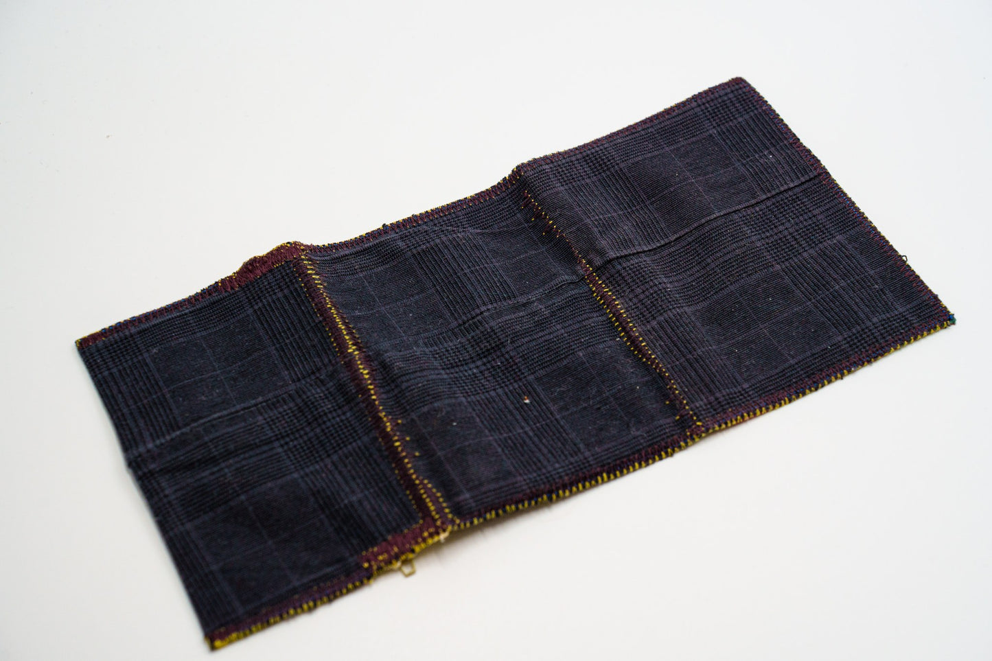 Dark glen-plaid exterior of one-of-a-kind upcycled wallet — HighSew