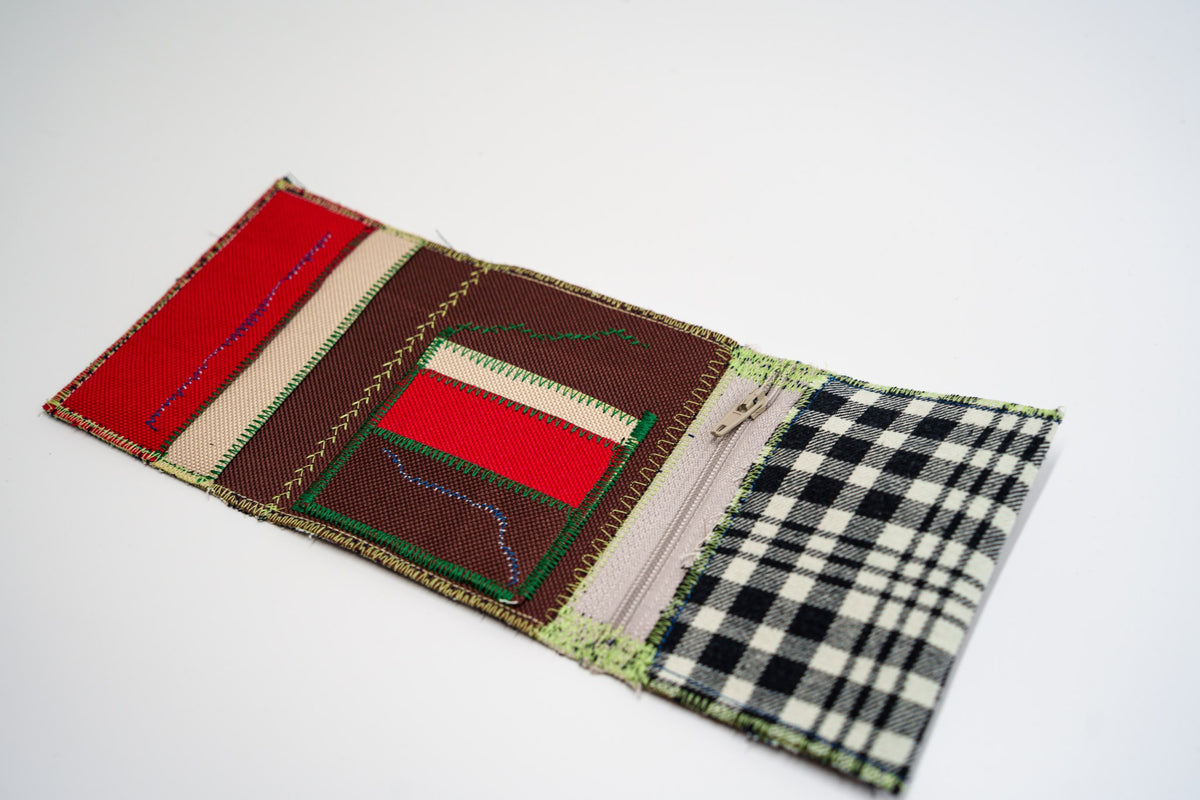Open wallet interior with red, brown and sand panels, colored stitching and grey zip — HighSew