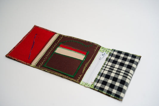 Open wallet interior with red, brown and sand card slots, colored zigzag stitching and a white zip — HighSew